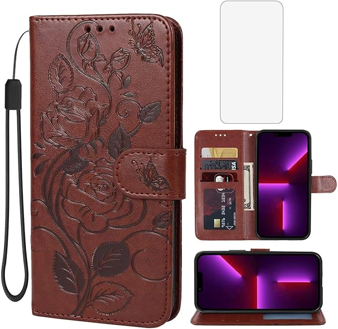 Case for iPhone 13 Case, iPhone 14 Wallet Case with Tempered Glass Screen Protector, Flower Leather Flip Credit Card Holder Stand Phone Cover Cases for iPhone 14 Brown