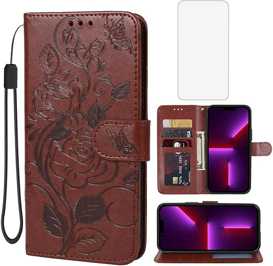 for iPhone 13 Case, iPhone 14 Wallet Case with Tempered Glass Screen Protector, Flower Leather Flip Protective Case Credit Card Holder Stand Phone Cover for iPhone 14 Brown