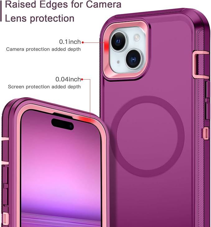 for iPhone 14 Plus Case,iPhone 15 Plus Case [Compatible with MagSafe] Shockproof 3-Layer Full Body Protection Rugged Heavy Duty Cover for Apple iPhone 14/15 Plus 6.7",Purple/Pink