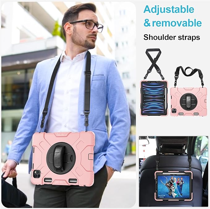 Case for iPad Pro 11 Inch 2022/2021/ 2020/2018: Silicone Cover for iPad 11 Inch 4th/ 3rd/ 2nd/ 1st/ Generation with Screen Protector- Stand- Handle- Shoulder Strap- Pencil Holder- Rose Gold