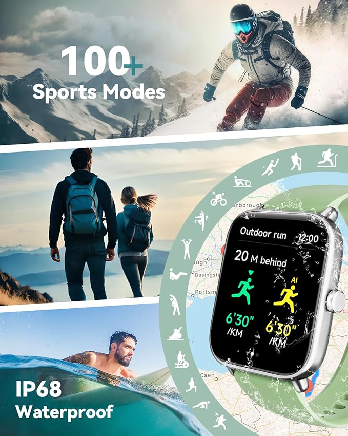 Smart Watches for Women/Men, Smart Watch for Android Phones and iPhone Compatible, Alexa Built-in, 1.8" Fitness Watches for Women, IP68 Waterproof/Bluetooth Call, Heart Rate/Sleep Monitor, Green