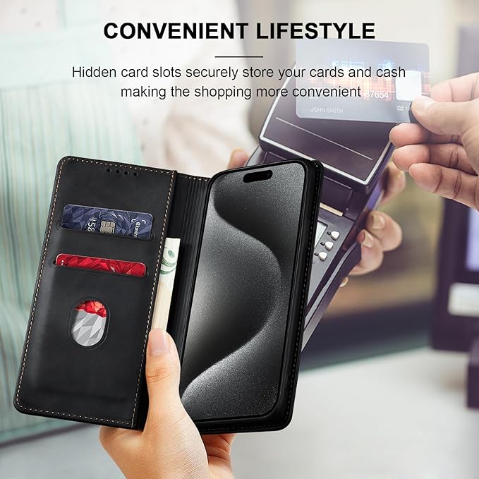 Jasonyu Flip Wallet Case for iPhone 15 Pro Max,Leather Magnetic Folio Cover with Card Holder,Kickstand - TPU Shockproof Durable Protective Phone Case,Black