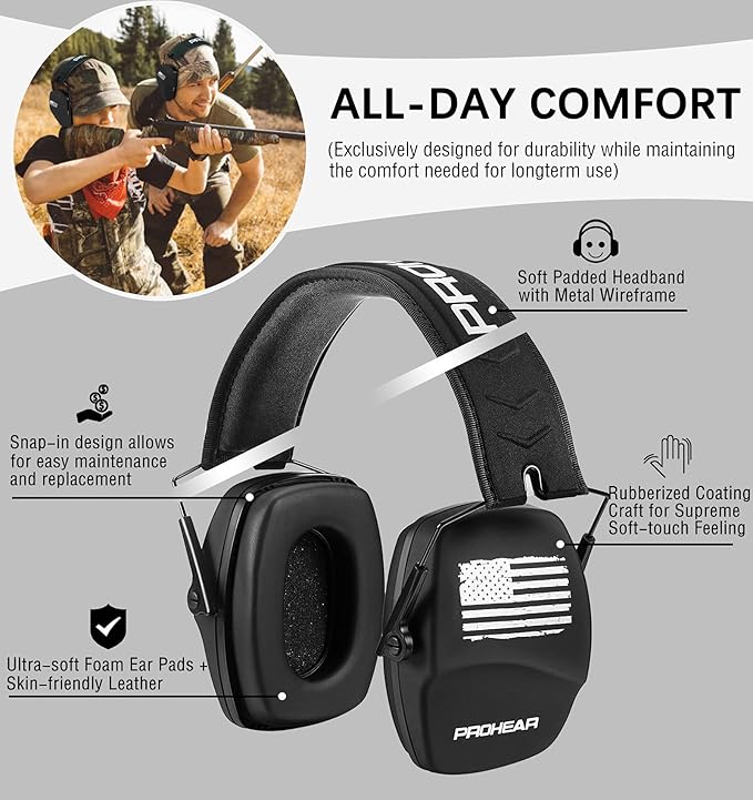 PROHEAR 016 Ear Protection Safety Earmuffs for Shooting, NRR 26dB Noise Reduction Slim Passive Hearing Protector with Low-Profile Earcups, Compact Foldable for Gun Range, Mowing (Patriot)