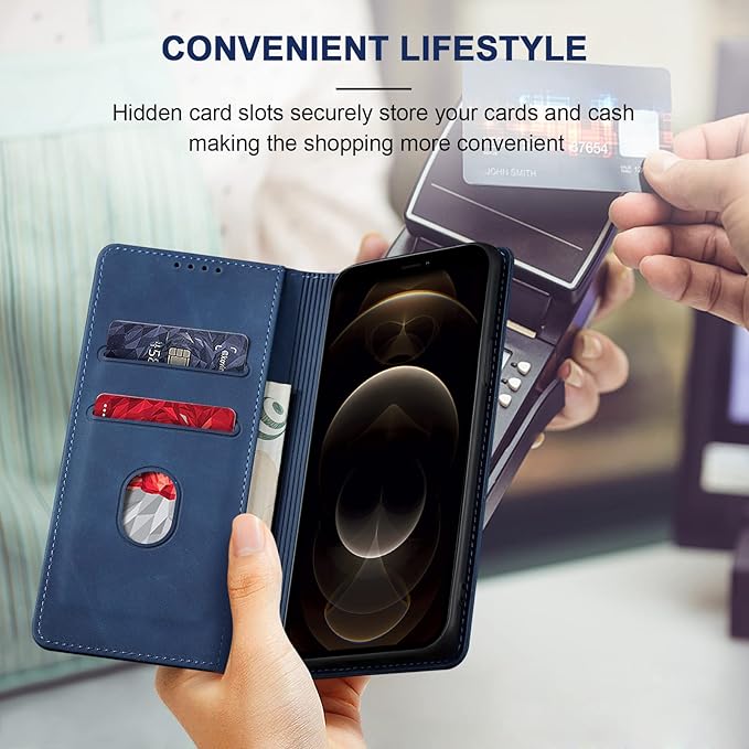 Jasonyu Flip Wallet Case for iPhone 12 Pro Max,Leather Magnetic Folio Cover with Card Holder,Kickstand - TPU Shockproof Durable Protective Phone Case,Blue