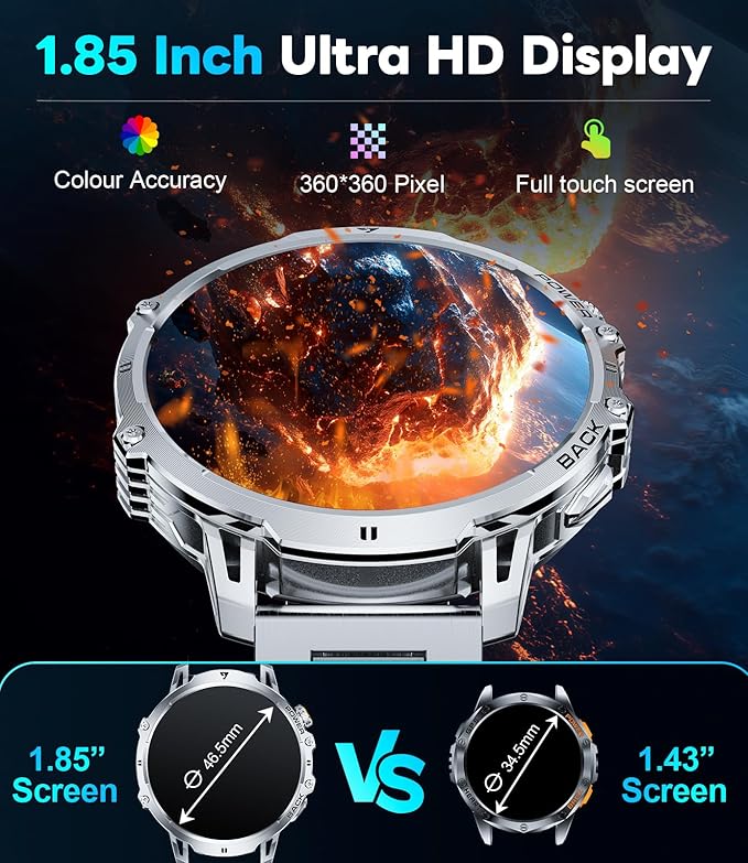 LIGE Smart Watch with 1.85" HD Large Screen, Android iPhone Smart Watches for Men with 1000mAh Battery/LED Flashlight/50M Waterproof/,120+ Sports Fitness Tracker Watch, Silver (Double Straps)