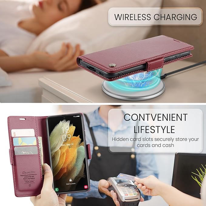 AUPAI for Samsung Galaxy S21 Ultra Wallet Case with Credit Card Holder, PU Leather RFID Blocking Folio Flip Kickstand Magnetic Clasp Protective Phone Cover for Women Men Wine Red