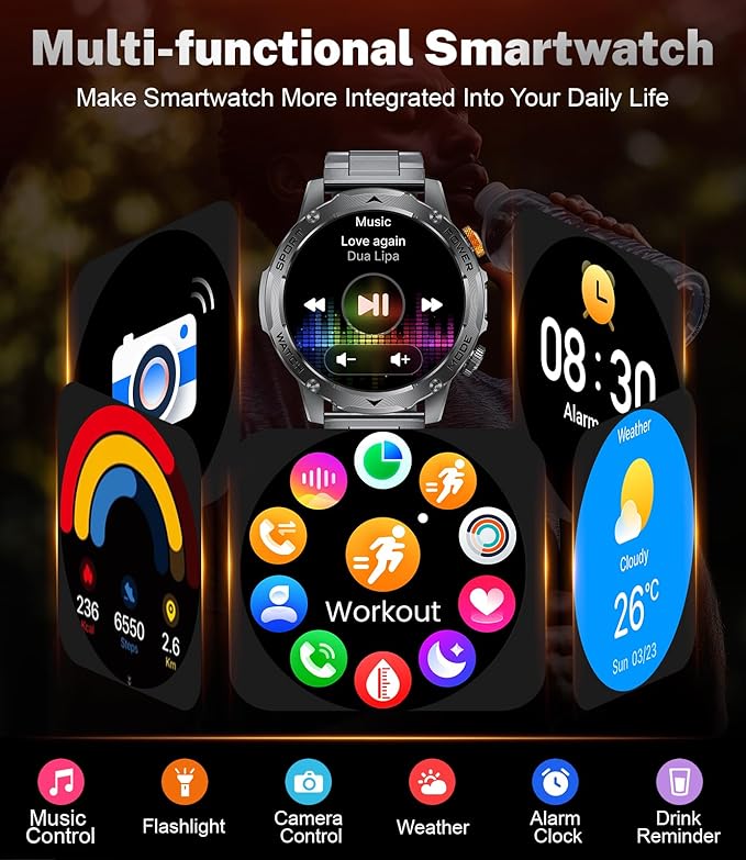 Military Smart Watches for Men(3 Bands),1000mAh/1.75" HD Large Screen Smartwatch, Flashlight/110+ Sports Modes/IP68 Waterproof/Sleep Monitor Fitness Tracker Watch for Android IOS,Gunmetal