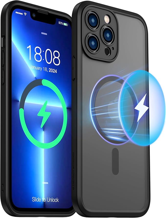 ImpactStrong Magnetic Guard Designed for iPhone 13 Pro Case [Camera Protection] [Military Grade Drop Tested] [Compatible with MagSafe] Slim Translucent Matte Phone Case (6.1") - Black