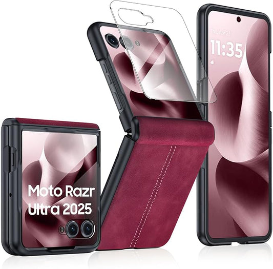 for Motorola Razr Ultra 2025 Case Built-in Screen Protector & Hinge Protection & Ultra Thin PU Leather Matte PC Shockproof Phone Cover Smartphone Case for Moto Razr Ultra 2025 (Red)