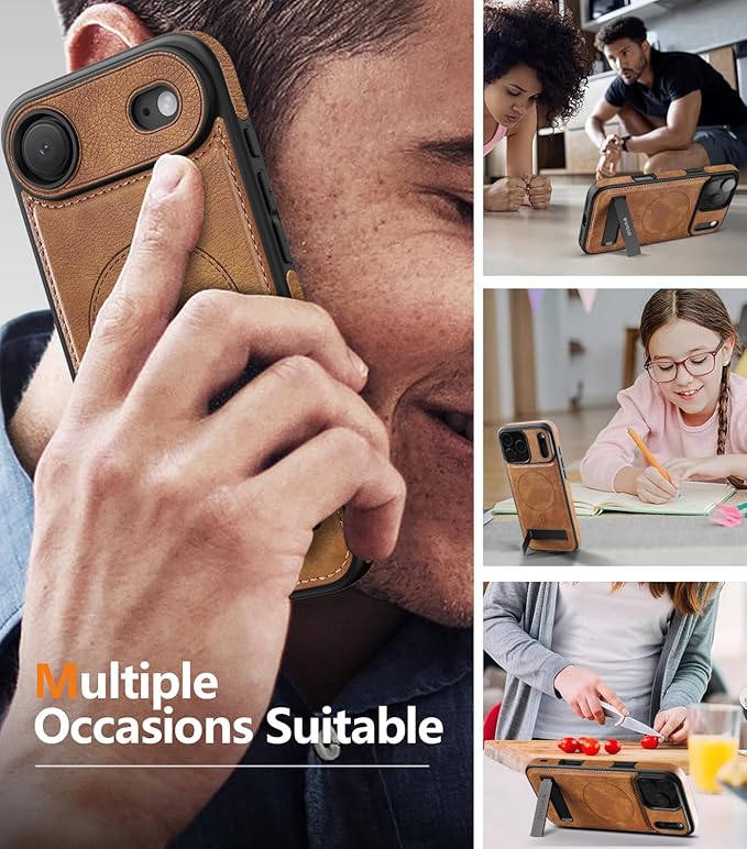 Magnetic for iPhone Air Leather Case,Built-in Invisible Stand [Compatible with Magsafe] Protective Slim Kickstand Phone Cover for iPhone Air Case, (Brown)