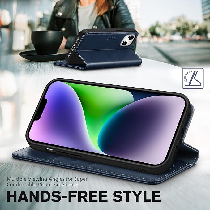 TUCCH Wallet Case for iPhone 14 6.1 5G, PU Leather Folio with [RFID Blocking] [3 Card Slot], Kickstand Book Design [Shockproof TPU Interior Shell] Compatible with iPhone 14 6.1-inch, Dark Blue