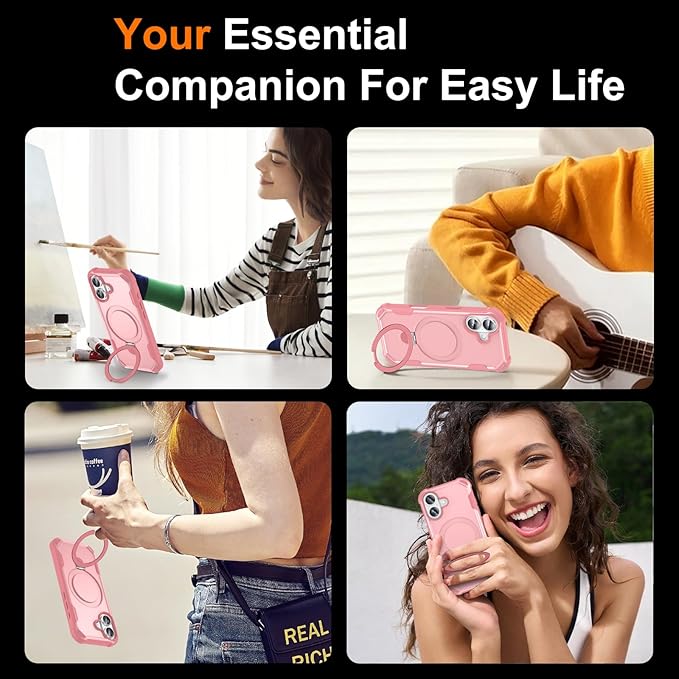 Compatible with iPhone 17 Case with Invisible Magnetic Ring Stand [Compatible with Magnetic] [Military Drop Protection] Shockproof Slim Hard Back Soft Edge Case 6.3 Inch, Pink