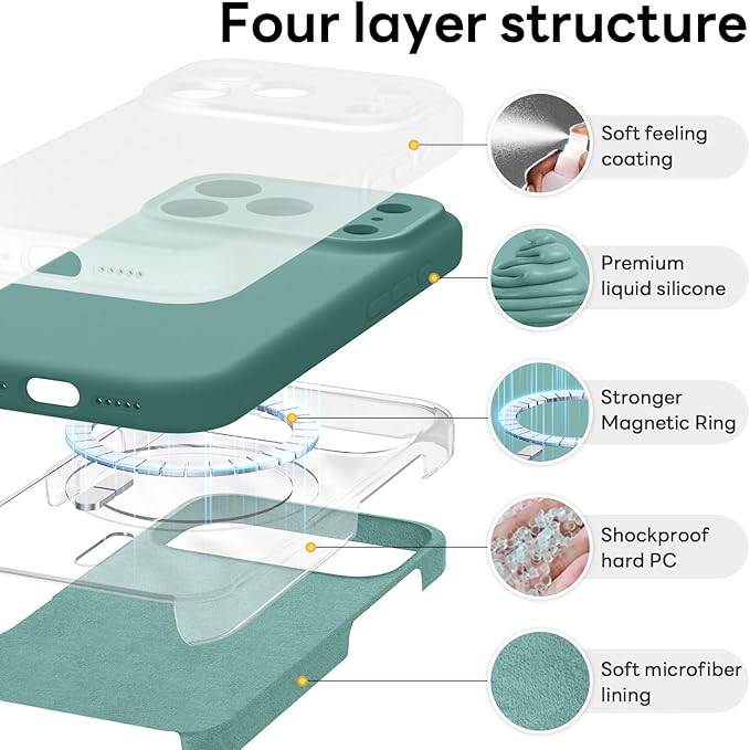 Vooii Magnetic Compatible with iPhone 17 Pro Case (Compatible with Magsafe) (Upgraded Camera Protection) Liquid Silicone Shockproof Full Body Protective Phone Cover for Women Men, Pine Green, 6.3”