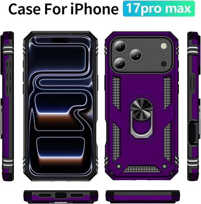 ADDIT Compatible with iPhone 17 Pro Max Case with Tempered Glass Screen Protector, Adjustable Kickstand Ring, Military-Grade Heavy Duty Protection, Shockproof, Anti-Fingerprint,Purple