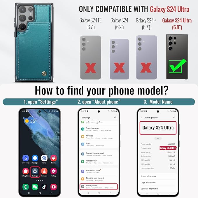 Vinich for Samsung Galaxy S24 Ultra Wallet Case with Card Holder, RFID Blocking Credit Slots Kickstand Shockproof Phone Cover for Women Men, Bluish Green