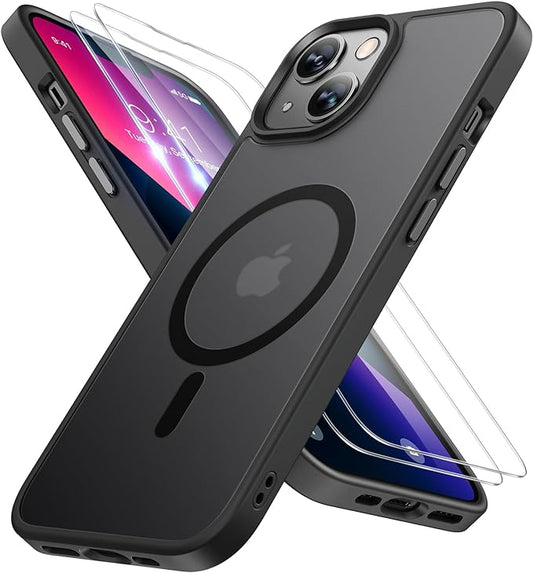 Miracase Magnetic for iPhone 13 Case 6.1 inch (Compatible with MagSafe)（with 2X Screen Protectors） Military-Grade Protection, Anti-Fingerprint Translucent Matte Phone Case Cover, Black