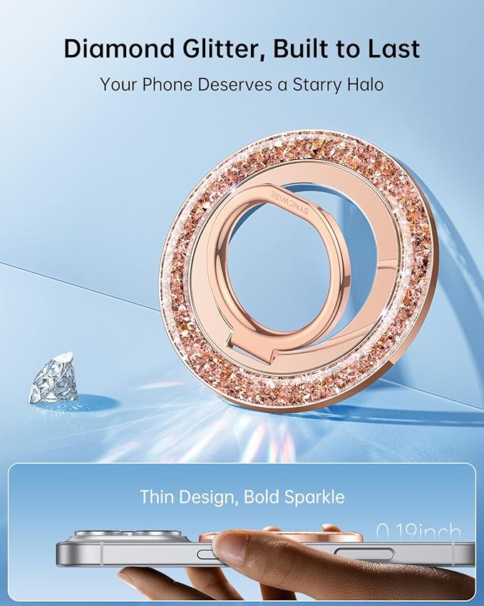 SYNCWIRE Magnetic Phone Ring Holder for MagSafe - Glitter Phone Grip Stand with 360° Rotation & Reinforced Hinge, Compatible with iPhone 16 15 14 13 Pro Max Plus MagSafe Accessories - Rose Gold