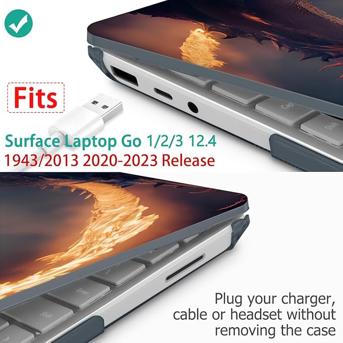 Tuiklol Case for 12.4 Inch Microsoft Surface Laptop Go 3/2 / 1 2023-2020 Releases, Plastic Hard Shell Case with Screen Protector and Keyborad Cover +Dust Plugs Model 2013/1943, Fire Dragon