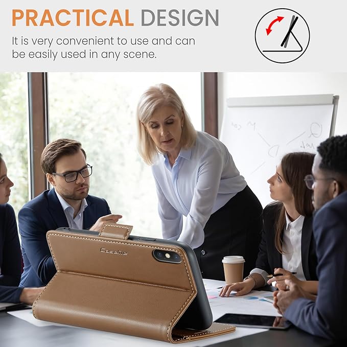 for iPhone X Case/iPhone Xs Case, Premium PU Leather Wallet Case Flip Cover with [RFID Blocking][Card Holder][Stand Function] Shockproof Protective for iPhone X/XS, Brown