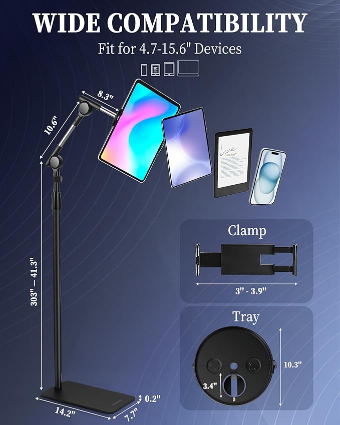 SHUWEI Tablet Floor Stand with Tray and Double Self-Locking Worm Gears, 63”Height Adjustable Floor Stand with 7.5lb Stable Base, Compatible with 4.7-15.6'' iPad, Kindle, Phone