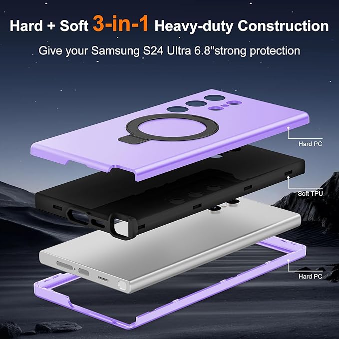 Designed for Samsung Galaxy S24 Ultra Case with Magnetic Ring Stand [Compatible with Mag-Safe][Military Grade Drop Protection][Build in Kickstand] S24 Ultra Phone Case 6.8",Light Purple