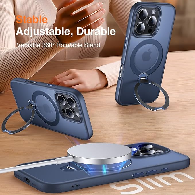 360° O-Ring MagStander for iPhone 16 Pro Max Case with Magnetic Kickstand Ring Holder [Compatible with MagSafe][360°Rotate Stand][Military Shockproof] iPhone 16 Pro Max Phone Cover Blue