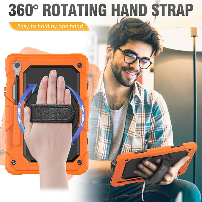 HXCASEAC Case for Samsung Galaxy Tab S10 Lite / S10 FE / S9 FE 5G 10.9 inch, Shockproof Design with Screen Protector/Hand Strap/S Pen Holder, Protective Samsung Galaxy S10 Lite Tablet Case, Orange