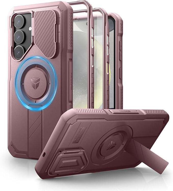 Dexnor for Samsung Galaxy S25 Plus Case with Camera Cover & Adjustable Kickstand & Built-in Screen Protector, Magnetic Rugged Shockproof Bumper Cases Heavy-Duty Protective Cover(2025),Peony Pink