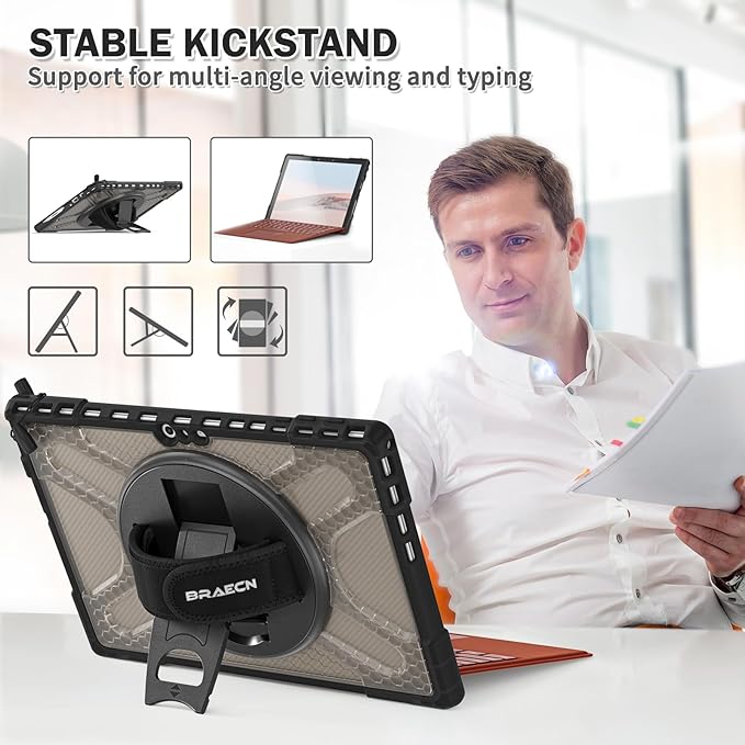BRAECNstock for Microsoft Surface Pro 7+ Plus/ 7/6/5/4 Case 12.3 inch, Rugged Protective Cover with 360° Rotating Hand Strap & Stand, Pencil Holder, Compatible with Type Cover Keyboard, Tawny