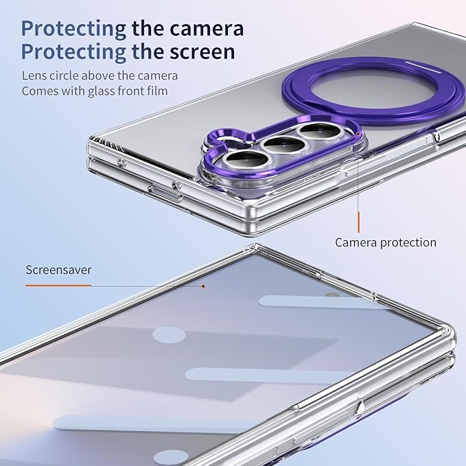 for Samsung Galaxy Z Fold 7 Case with Magnetic Ring Holder, 360 Rotating Bracket, Built-in Front Screen Len Protector, Anti-Yellowing & Anti-Fingerprint Crystal Clear Case.(Violet)