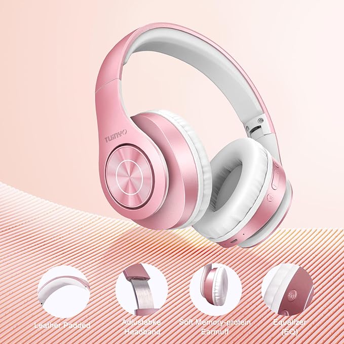 TUINYO Bluetooth Headphones Wireless, Over Ear Stereo Wireless Headset 40H Playtime with deep bass, Soft Memory-Protein Earmuffs, Built-in Mic Wired Mode PC/Cell Phones/TV- Rose Gold