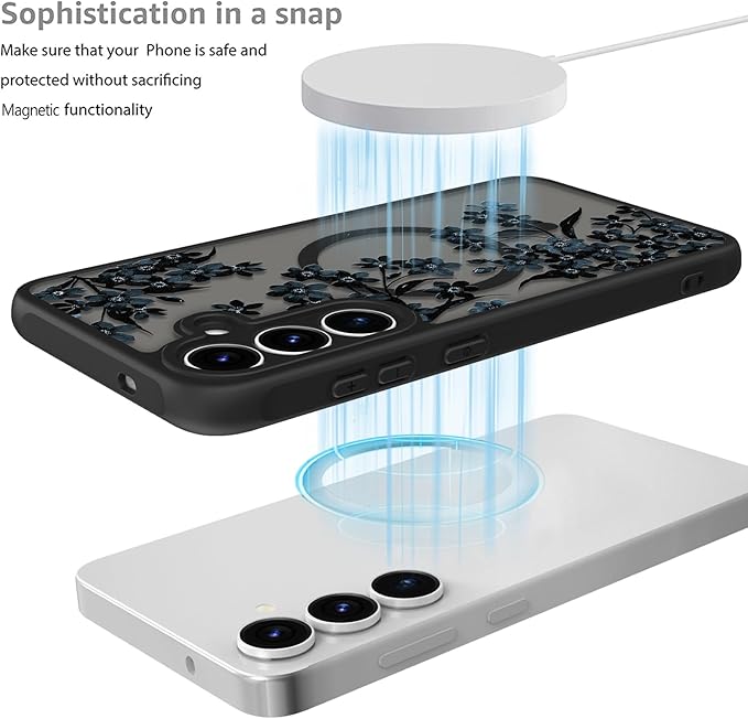 Fiyart Designed for Samsung Galaxy S25 Plus Case Matte Flowers Design Compatible with MagSafe Wireless Charging,Cute Floral Anti-Scratch Translucent Phone Cover for Women Girls 6.7"-Black