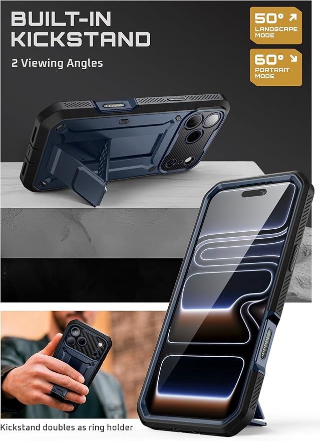 SUPCASE for iPhone 17 Pro Max Case with Camera Control Button (Unicorn Beetle Pro), [Built-in Kickstand & Screen Protector] [Military-Grade Protection] Full Body Heavy Duty Phone Case, Azure