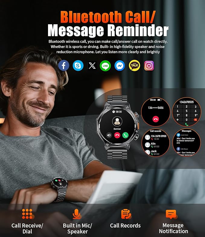 SUNKTA EF15 Military Smart Watch for Men - LED Flashlight, 1.75" HD Fitness Tracker Watch, 800mAh Long Battery Mens Smart Watches, 110+ Sport Mode/Pedometer/IP68 Waterproof Smartwatch for Android iOS