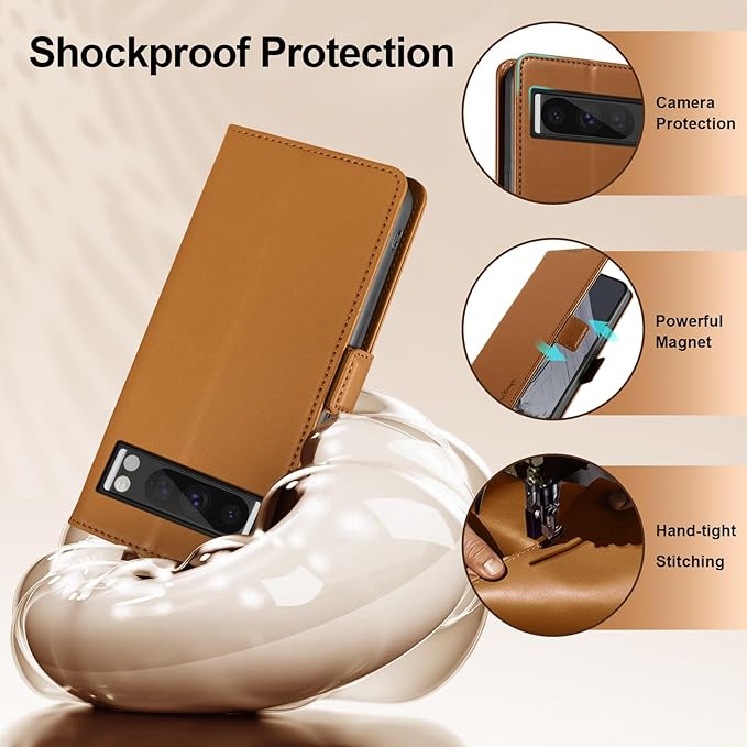 Wallet Flip Case for Google Pixel 8 Pro - [RFID Blocking] Luxury PU Leather Card Holder Magnetic Phone Cover with Kickstand,Shockproof Protective Case,Brown
