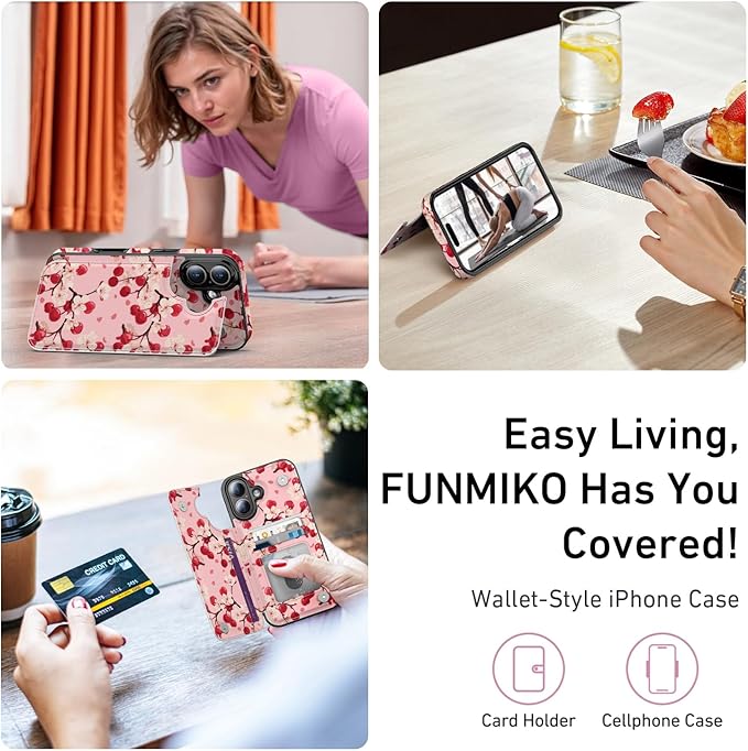 FUNMIKO for iPhone 16 Plus Wallet Case with Card Holder, RFID-Blocking, Military-Grade Protection & UV-Printed Artwork, Magnetic Closure with Leather Kickstand - Cherry Blossom