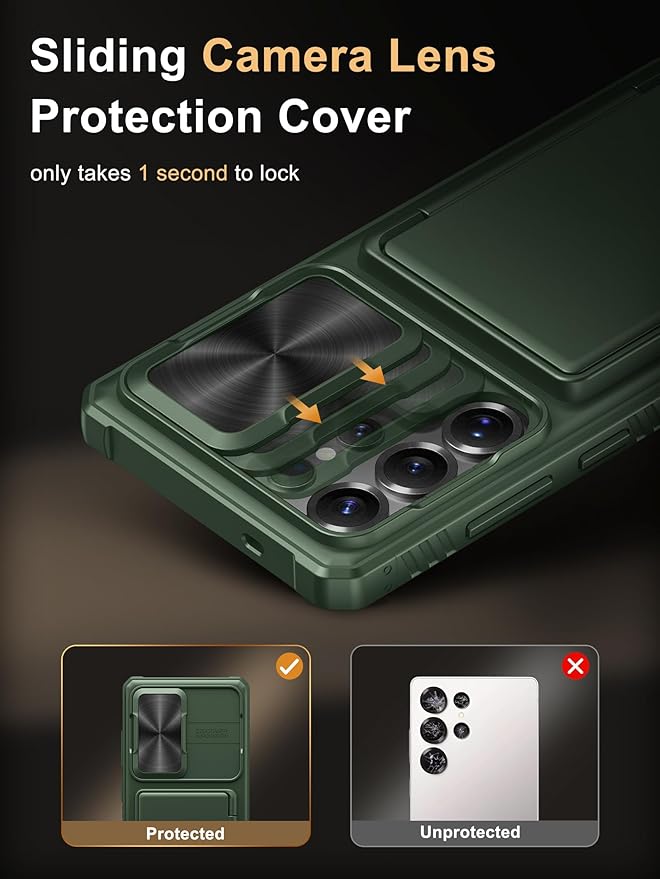 Vihibii for Samsung Galaxy S25 Ultra Wallet Case, Built-in Card Holder (4 Cards), [RFID Blocking] & Slide Lens Cover, Military Grade Drop Protection, Phone Case for Samsung Galaxy S25 Ultra, Green