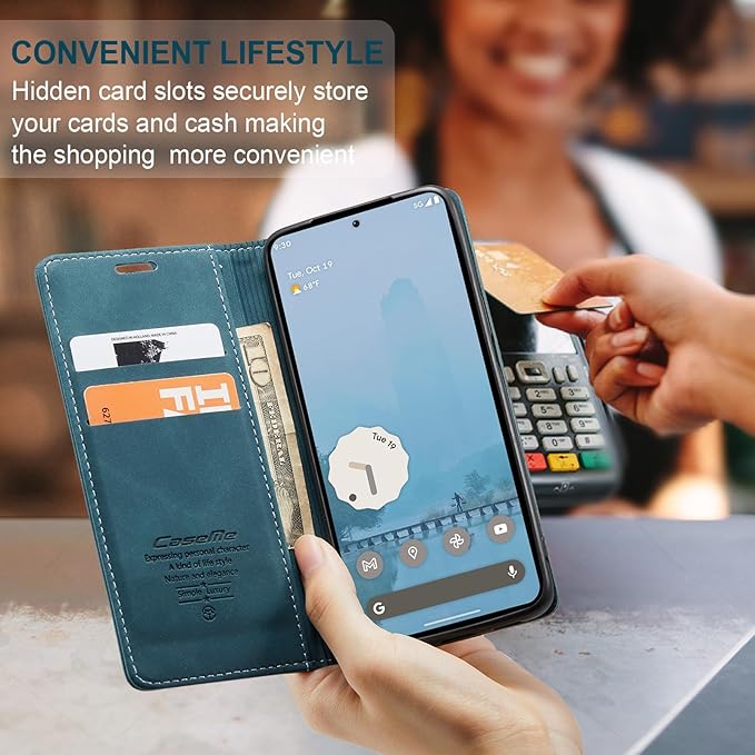 for Google Pixel 10 Pro XL/Pixel 9 Pro XL Case, Flip Wallet Leather Case with Card Holder Magnetic Closure Shockproof Kickstand Protective Phone Cases Cover, Blue-Green