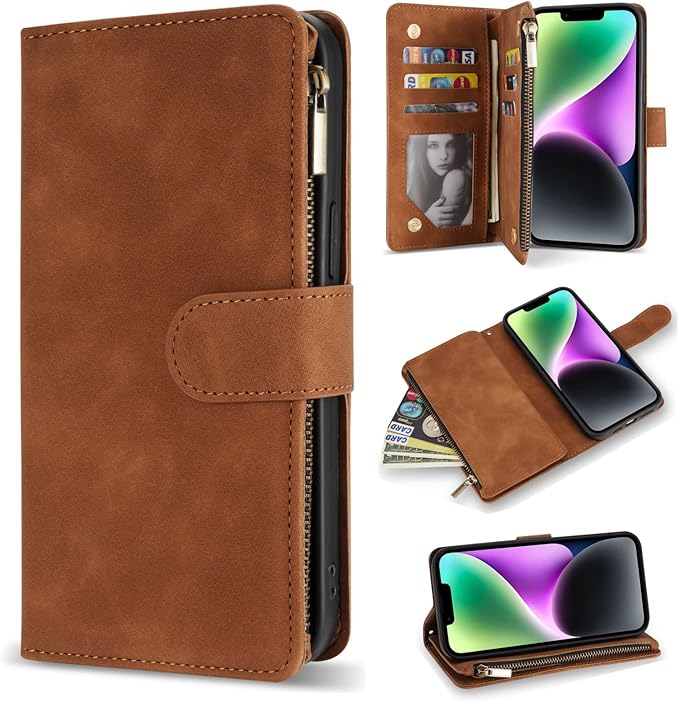 ZZXX for iPhone 14 Case Wallet with [RFID Blocking] Card Slot Premium Soft PU Leather Zipper Flip Folio with Wrist Strap Kickstand Protective Phone Cover for iPhone 14 Wallet Case(Brown-6.1 inch)