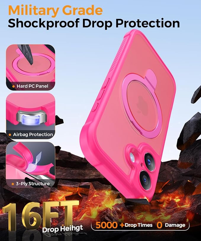 MOCCA Compatible with iPhone 17 Case with Magnetic Invisible Stand [Full Camera Protection] [Compatible with Magsafe] Military Drop Shockproof Translucent Matte Phone Case Cover 6.3",Hot Pink