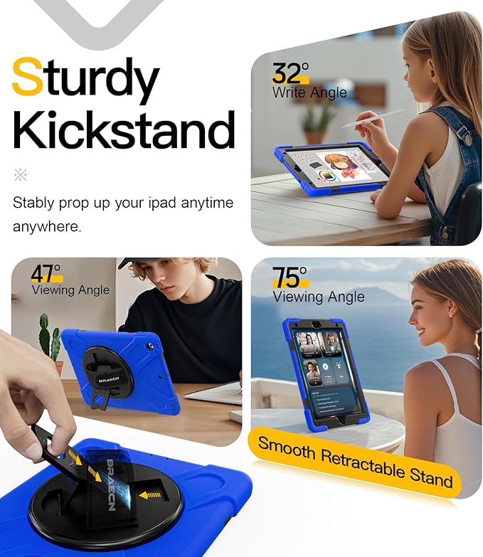 BRAECN for iPad 9th/8th/7th Generation Case, iPad 10.2 inch Heavy Duty Rugged Case with Built in Screen Protector, Hand Strap, Swiveling Stand/Shoulder Straps for iPad 10.2 2021/2021/2019-Blue