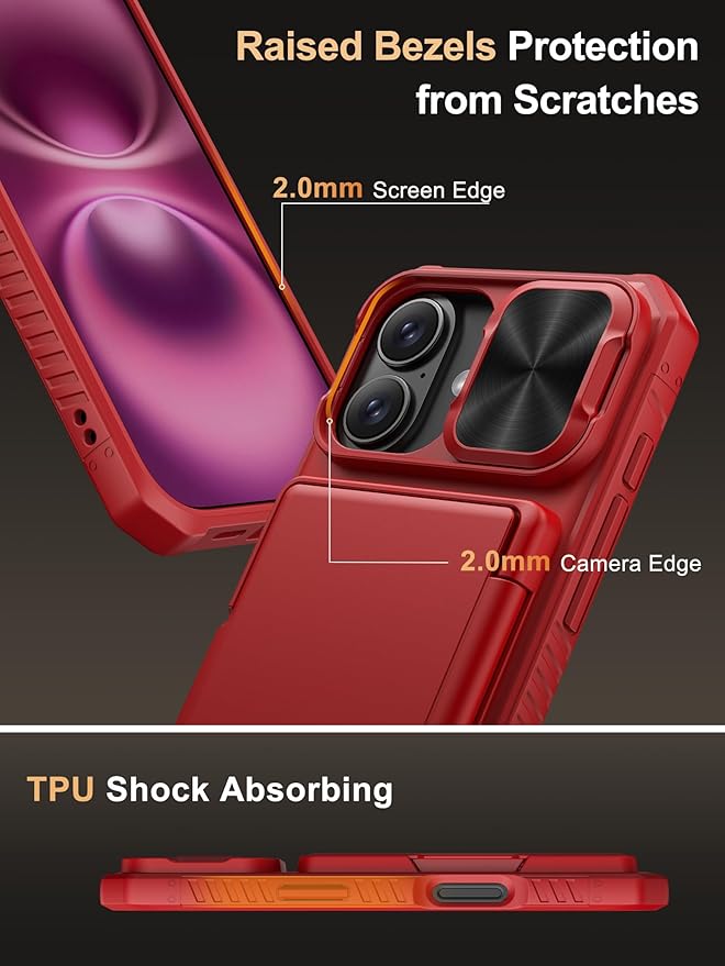 Vihibii for iPhone 16 Wallet Case with Card Holder (4 Cards) [RFID Blocking] & Slide Camera Cover & Raised Edges Protect Screen, Shockproof Rugged Phone Cover for iPhone 16 6.1" 2024, Red