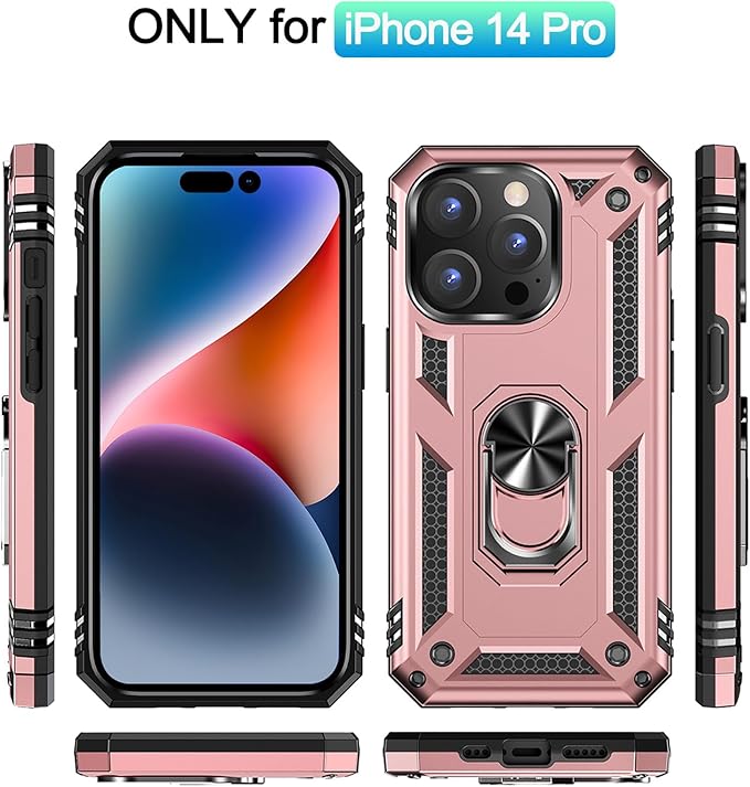 ADDIT Phone Case for iPhone 14 Pro Case,with Kickstand Ring,Adjustable Stand,Military Grade,Heavy Duty Protection,Shockproof,Anti-Fingerprint,Support Magnet Car Mount,Rose Gold