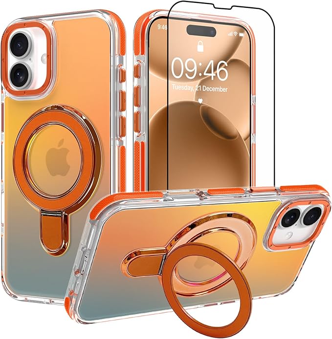 MOWIME Magnetic for iPhone 17 Case with Stand [Compatible with Magsafe] [Cute Fashion Fluorescent Design] [1 Screen Protector] Slim Translucent Matte Case for iPhone 17 6.3" 2025, Orange