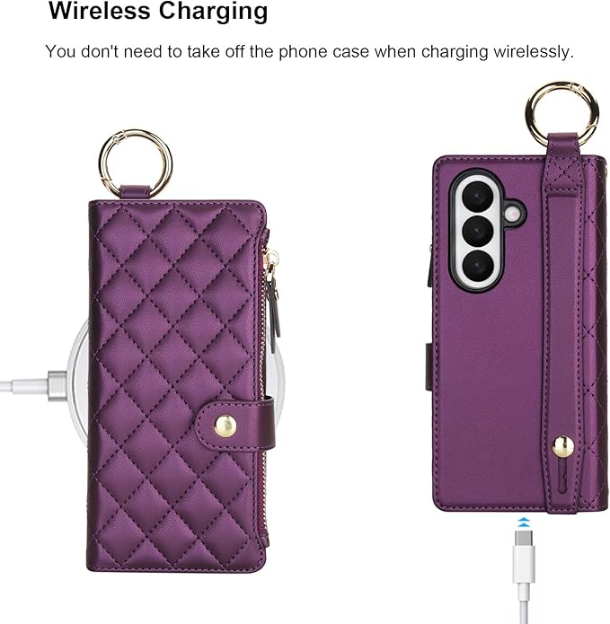 KIHUWEY for Galaxy Z Fold 7 Wallet Case with Card Holder Premium Leather Magnetic RFID Blocking Shockproof Zipper Wrist Strap Lanyard Cover for Samsung Galaxy Z Fold 7 8.0 Inch (Dark Purple)