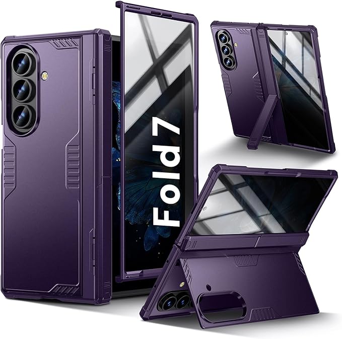 for Samsung Galaxy Z-Fold-7 Case: Military Shockproof Rugged Hinge [Dual-Stand] Privacy Screen Protector [Anti Spy] [Anti-Scratch] Silicone Women Men Cover for ZFold 7 5G 2025 (Purple)