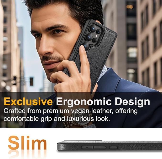 for Galaxy S25 Ultra Leather Case, Built-in Foldable Alloy Stand, with Camera Lens and Screen Protector, Slim Shockproof Kickstand Phone Cover 2025 (Black)