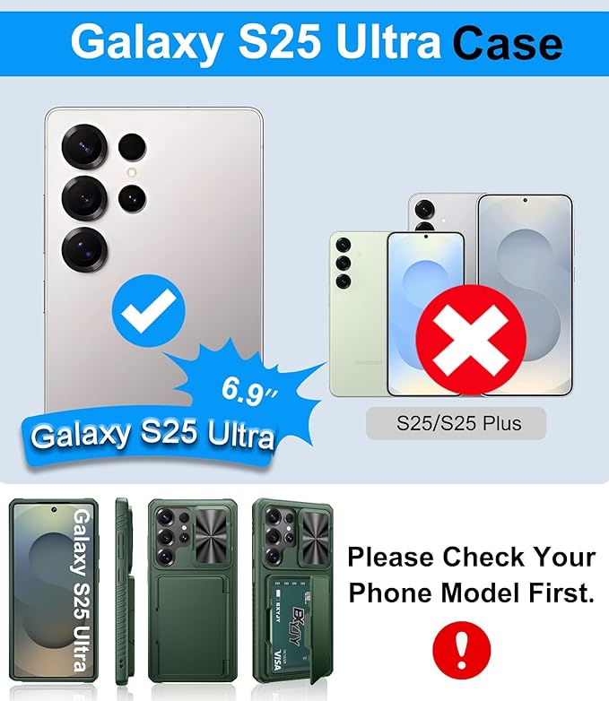 Multifuncional Case for Samsung Galaxy S25 Ultra, Card Holder (4-5 Cards), RFID Block, Slide Lens Cover & Military Grade Protection, Heavy Duty Men Women Wallet Case for Samsung S25 Ultra, Green