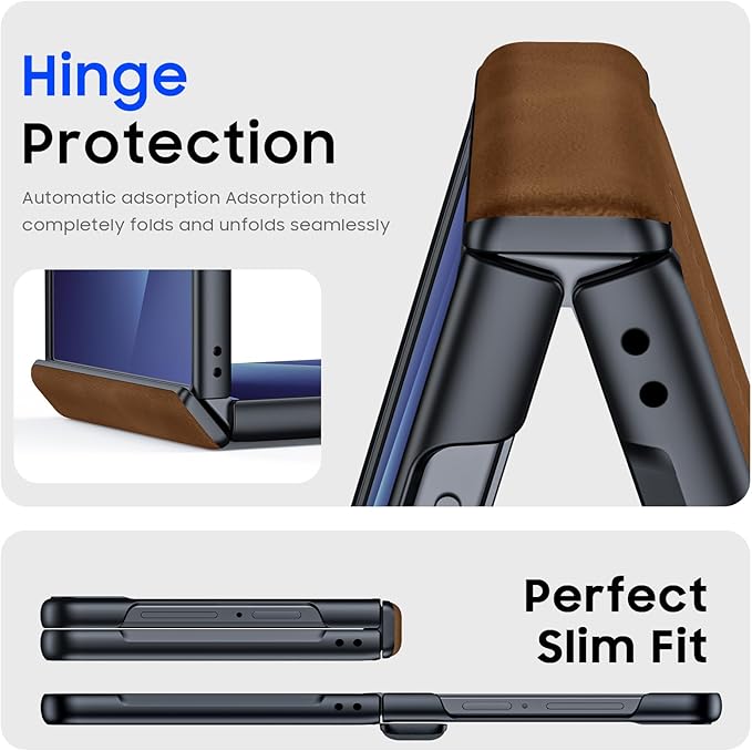 for Samsung Galaxy Z Flip 7 Case with Hinge Protection & Built-in Screen Protector, Ultra Thin Stylish Leather Matte PC Durable Shockproof Cover Phone Case for Galaxy Z Flip 7-Brown