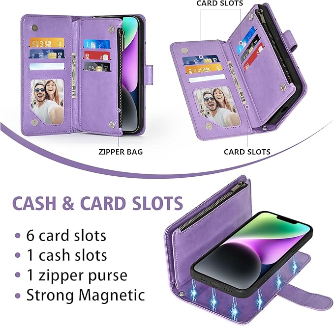 Asuwish Phone Case for iPhone 14 6.1 inch Zipper Wallet Detachable Cell Cover with Tempered Glass Screen Protector Crossbody Strap Flower Card Holder Slot iPhone14 5G i i-Phone i14 14Case Women Purple